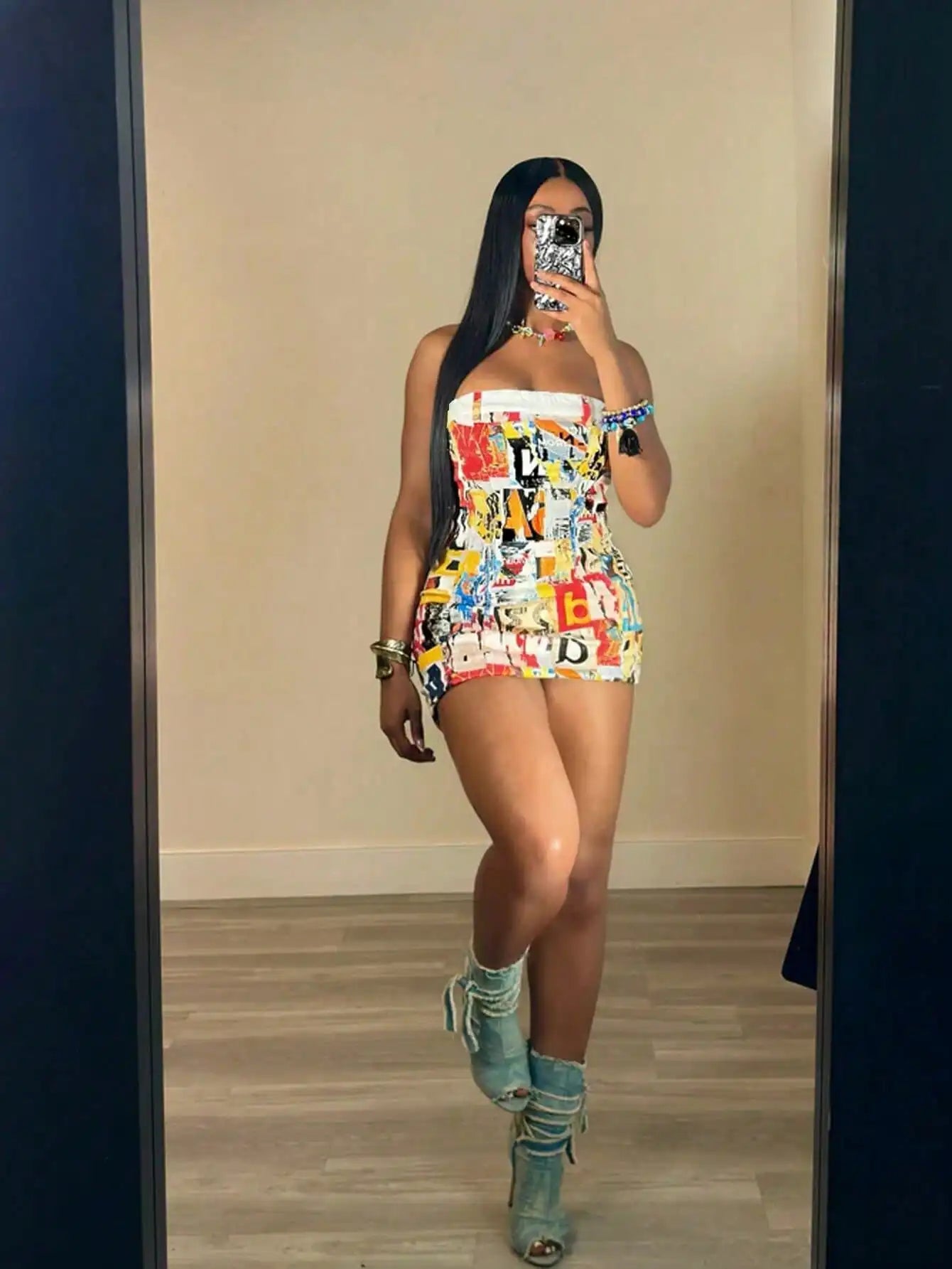 Strapless Street Style Graphic Print Mini Dress