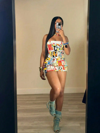 Strapless Street Style Graphic Print Mini Dress