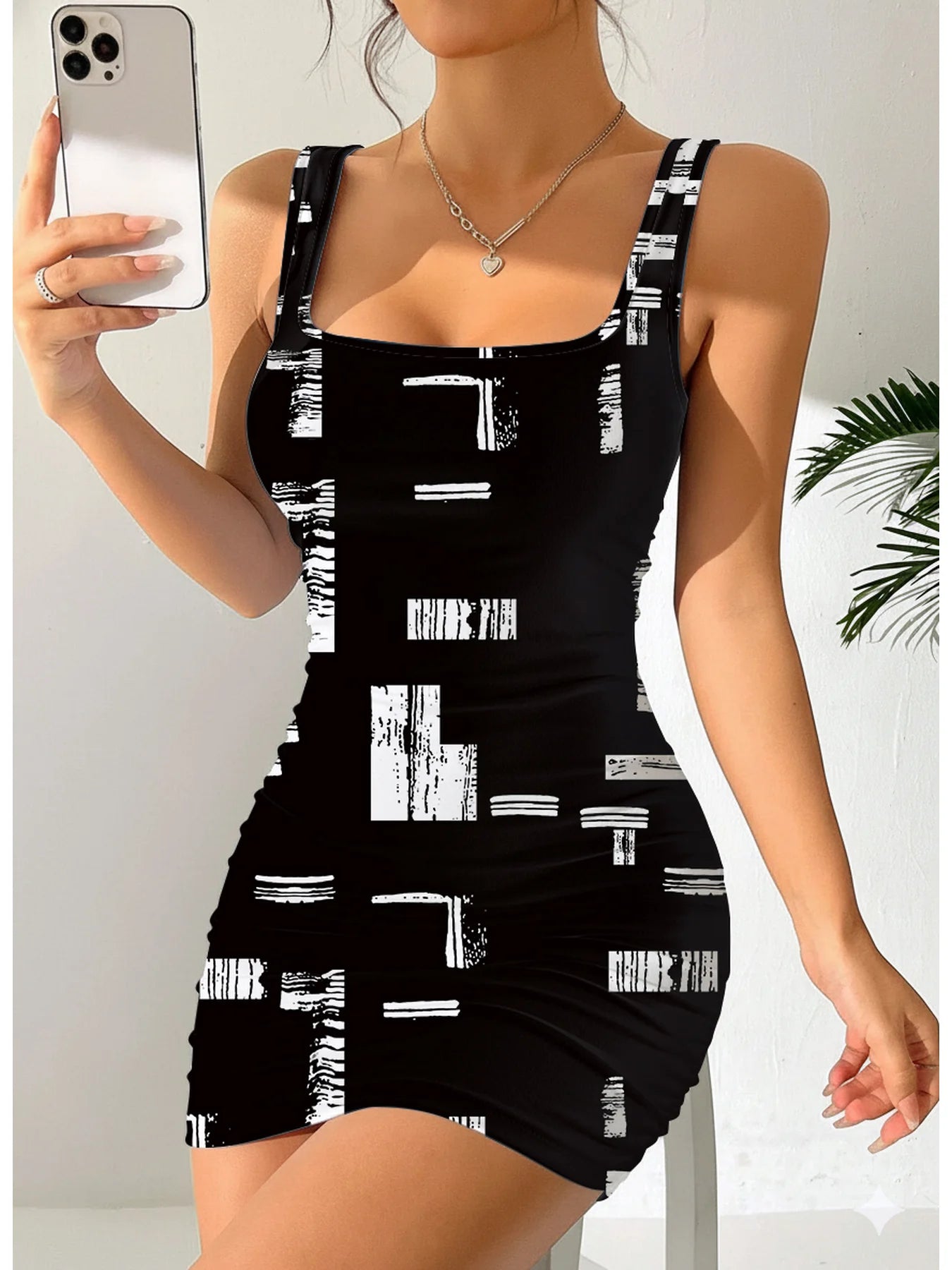 Geometric Print Round Neck Sleeveless Camisole Dress