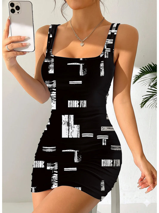Geometric Print Round Neck Sleeveless Camisole Dress