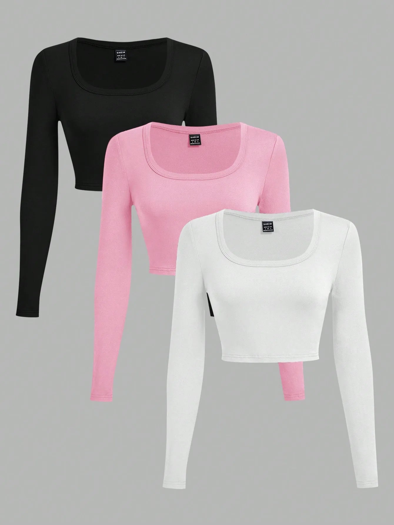 3-Pack Women's U-Neck Cropped Long Sleeve T-Shirts,