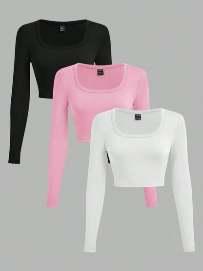 3-Pack Women's U-Neck Cropped Long Sleeve T-Shirts,