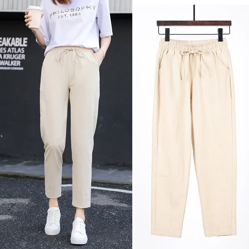 Cotton Linen Solid Elastic Waist Pants