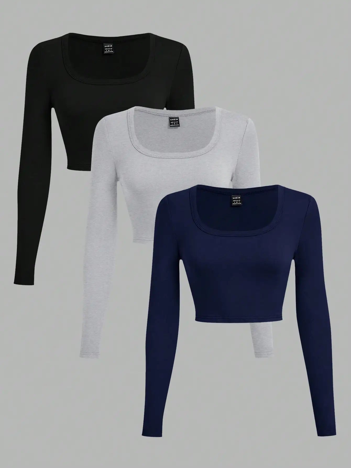 3-Pack Women's U-Neck Cropped Long Sleeve T-Shirts,
