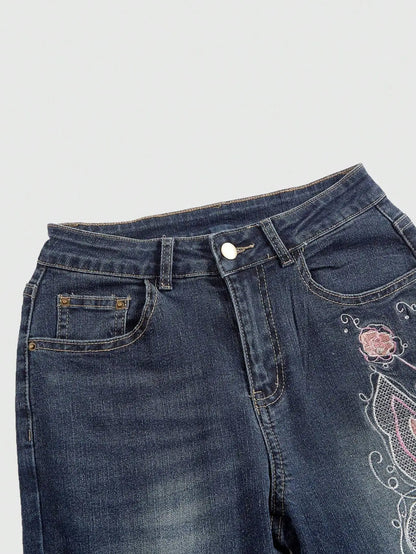 Butterfly Embroidered High Waist Flare Jeans
