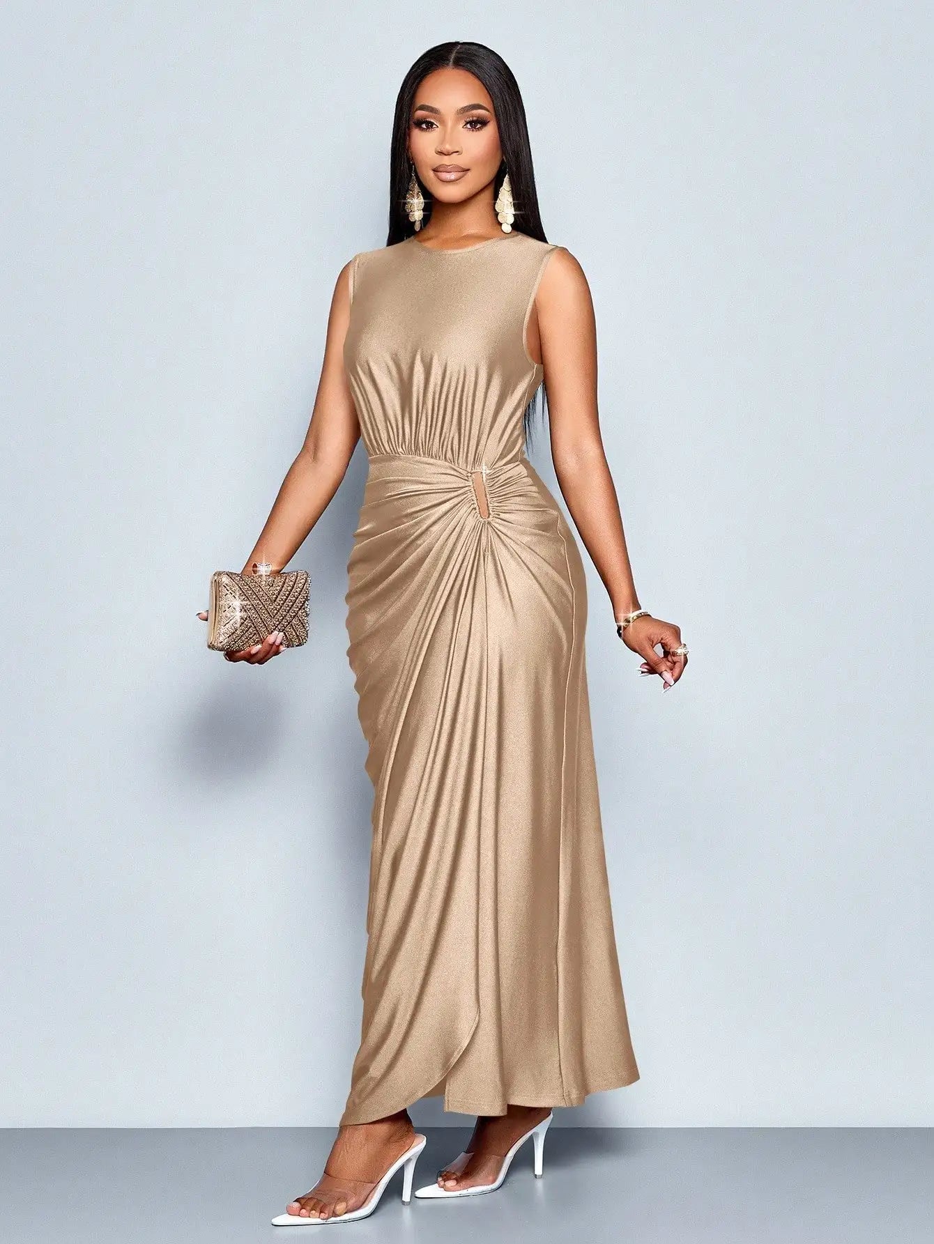 Women's Satin Solid Ruched Waist Sleeveless Maxi Dress