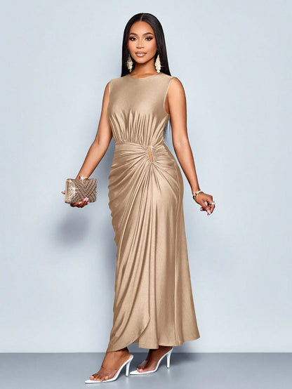 Women's Satin Solid Ruched Waist Sleeveless Maxi Dress