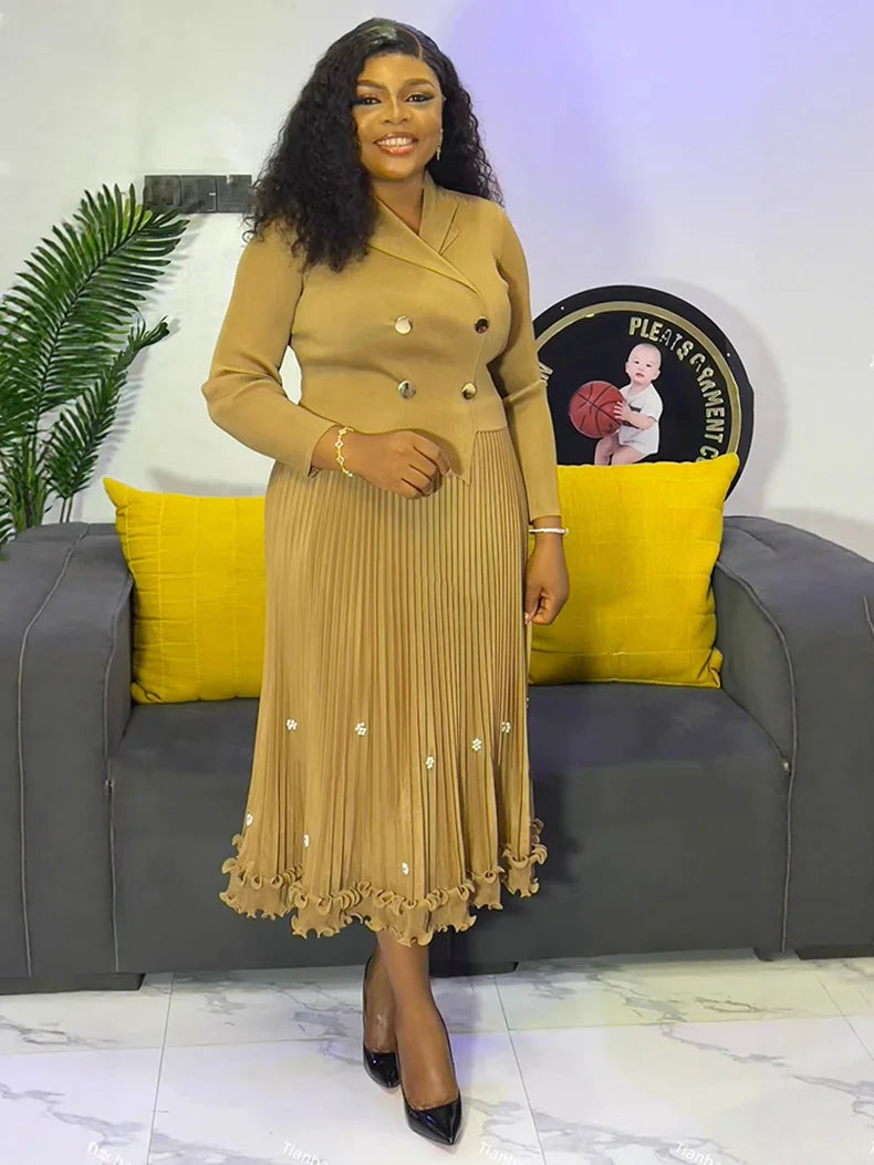 Pleated Long Dress Double Breasted