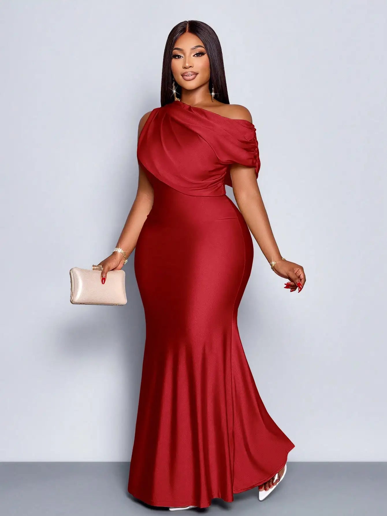 Elegant Off-Shoulder Plus Size Fishtail Evening Dress in Shiny Apricot for Wedding Party