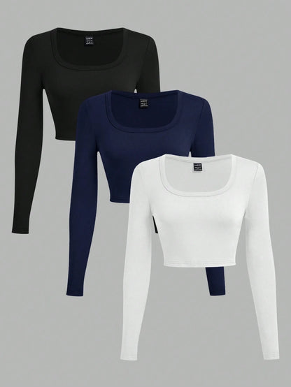3-Pack Women's U-Neck Cropped Long Sleeve T-Shirts,