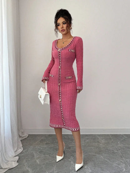 Long Sleeve Button-Up Dress with Pearl Trim