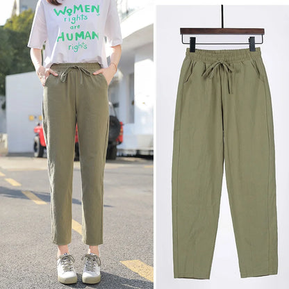 Cotton Linen Solid Elastic Waist Pants