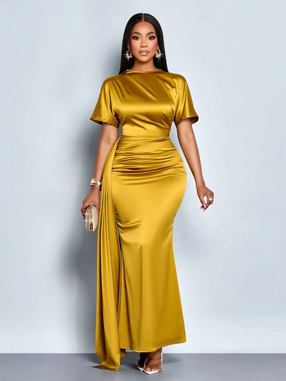 Elegant Gold Satin Maxi Dress