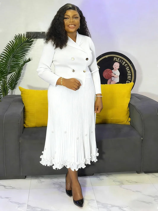 Pleated Long Dress Double Breasted