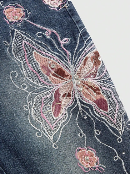 Butterfly Embroidered High Waist Flare Jeans
