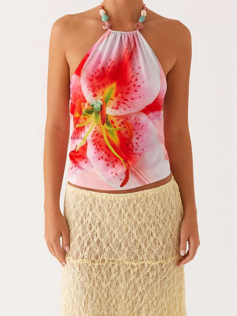 Floral Print Halter Neck Crop Top Open Back Sleeveless