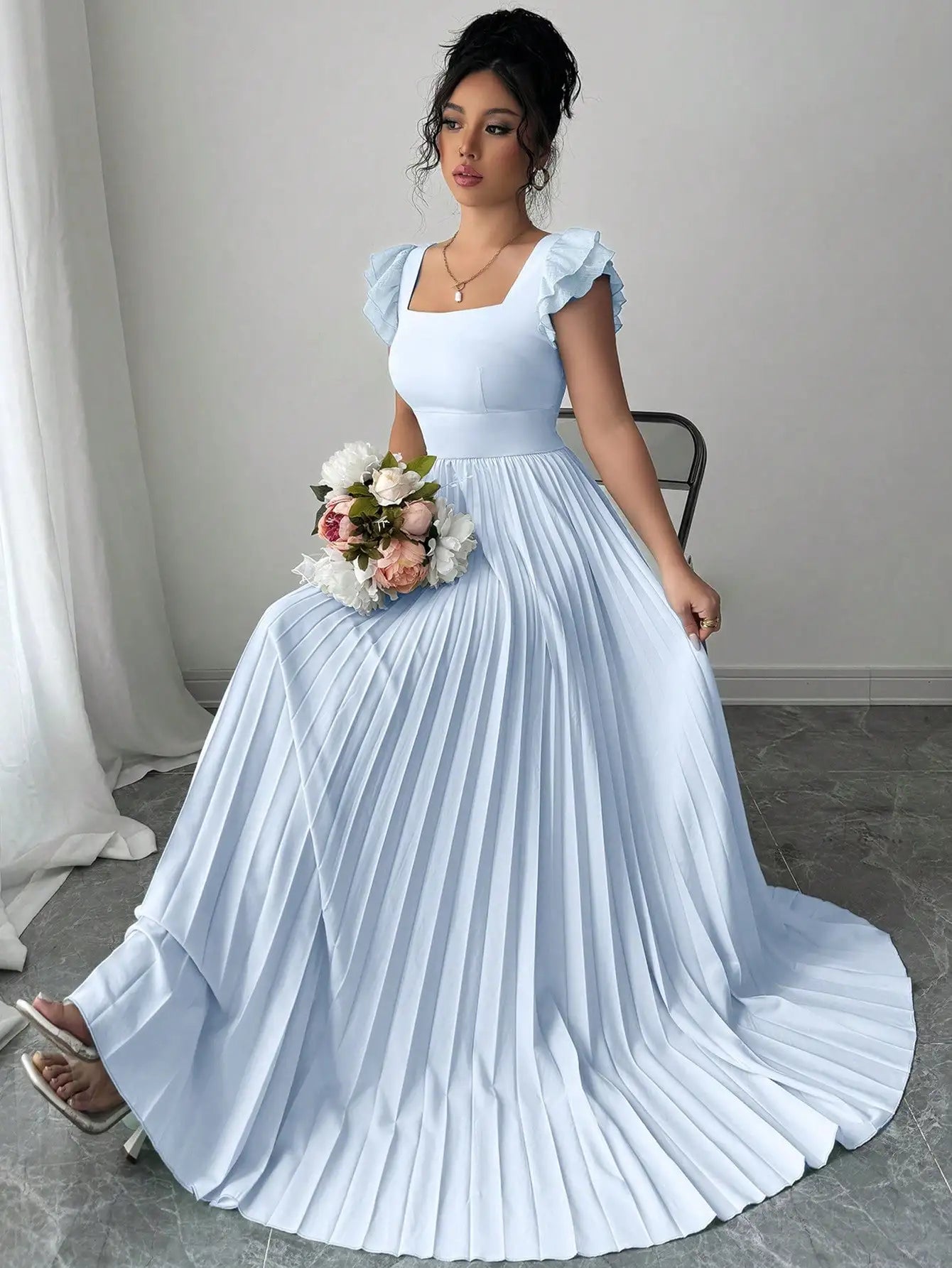 Elegant Mint Green Square Neck Maxi Dress