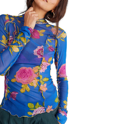 Women s  Mesh Tops Floral Print T-Shirt