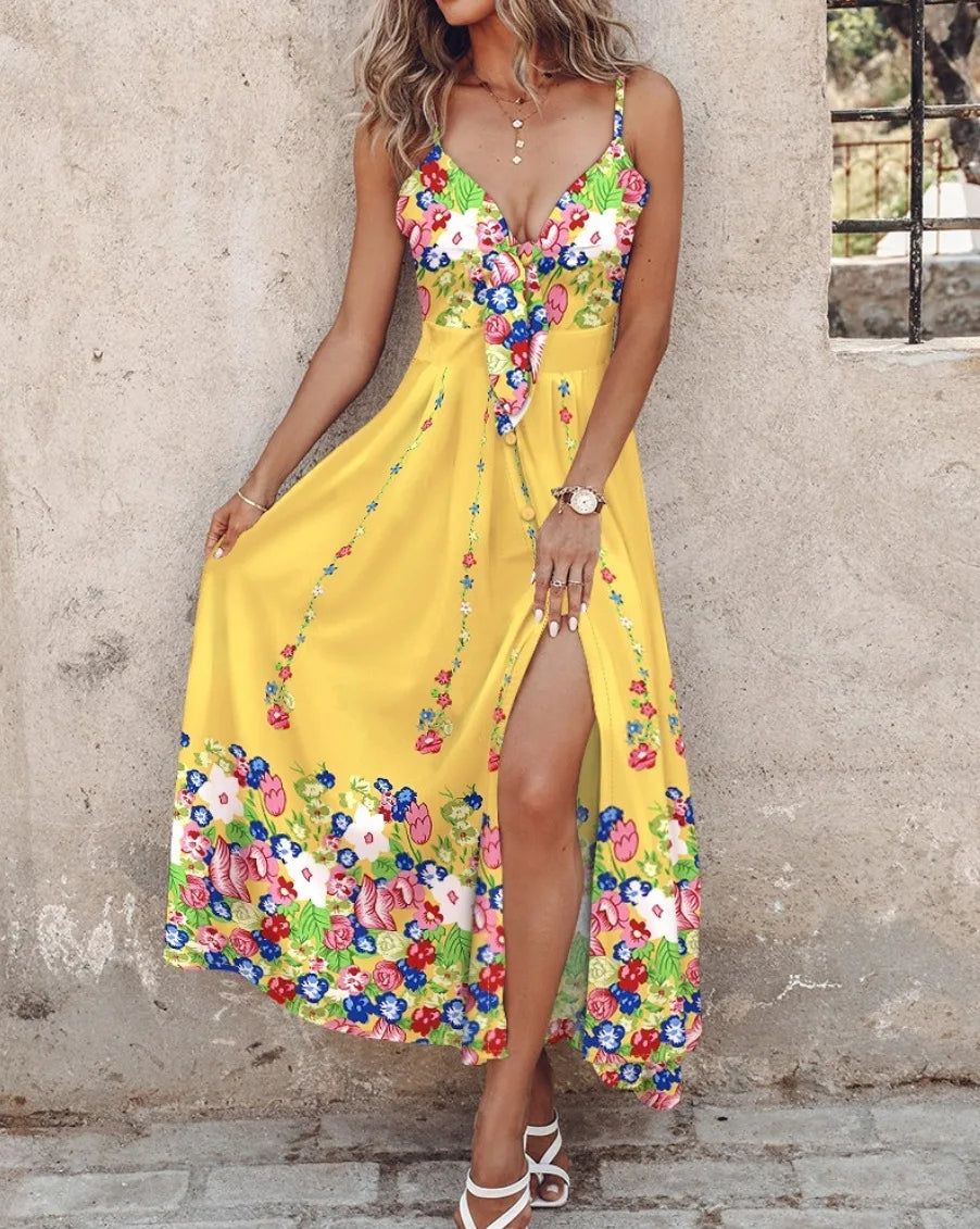 Women's Ombre Leaf Eyelet Strap Maxi Dress