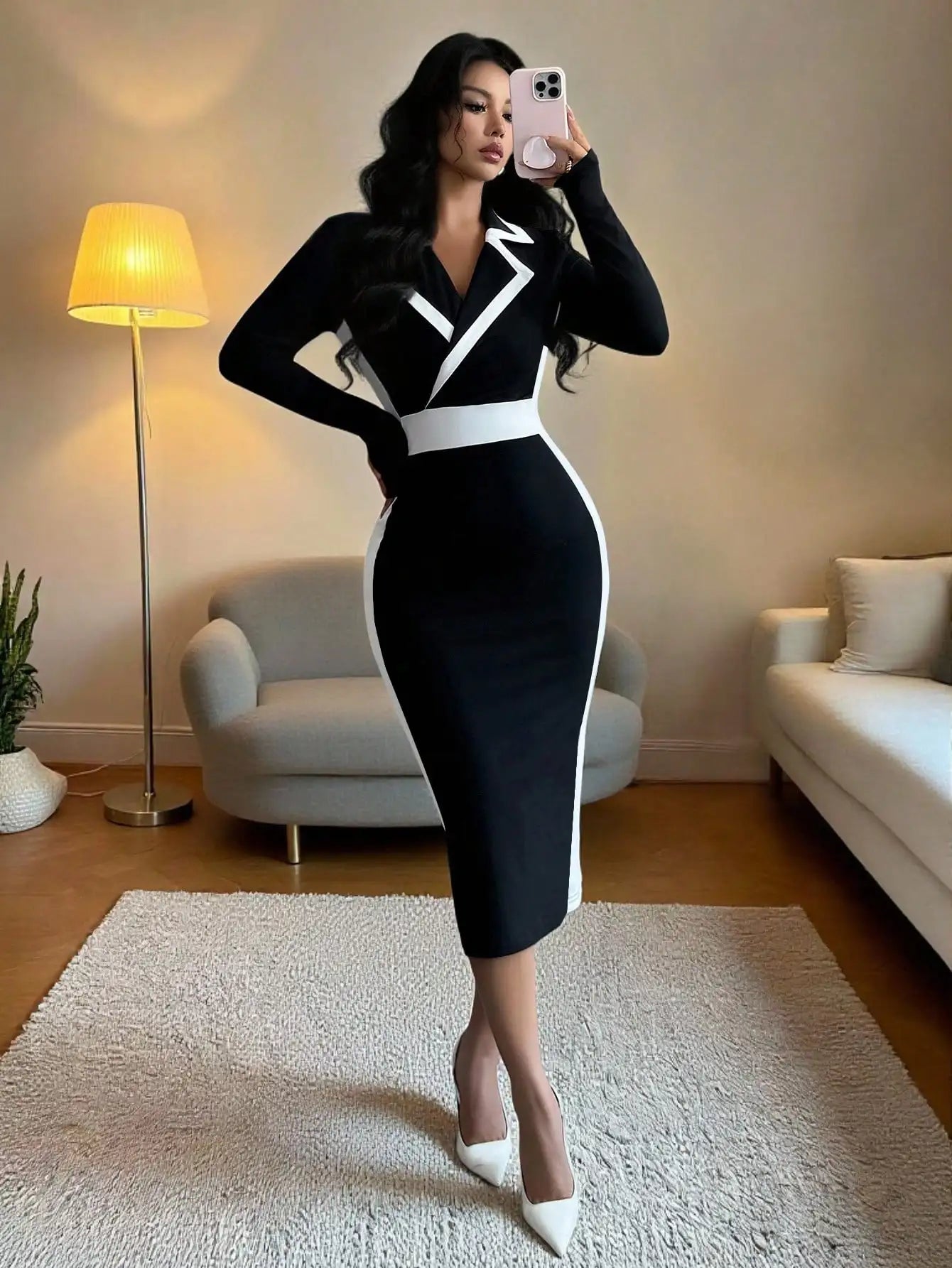 Black & White Contrast Blazer Collar Bodycon Dress,