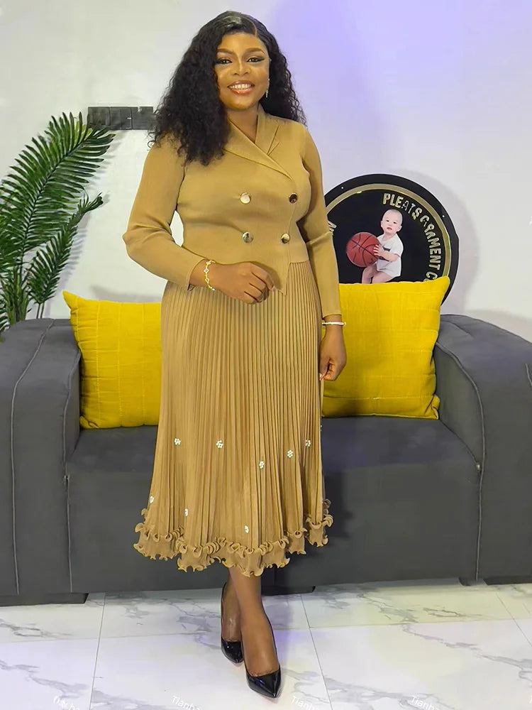 Pleated Long Dress Double Breasted