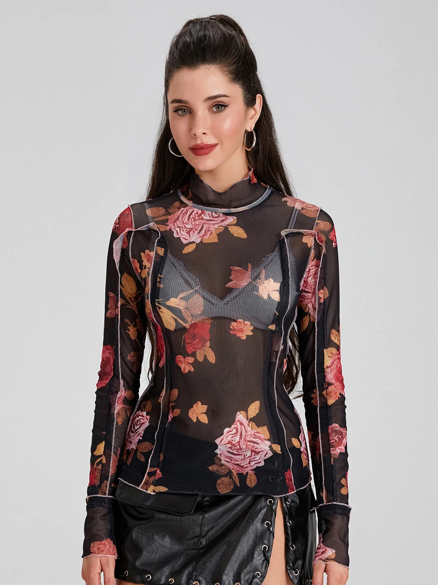 Women s  Mesh Tops Floral Print T-Shirt