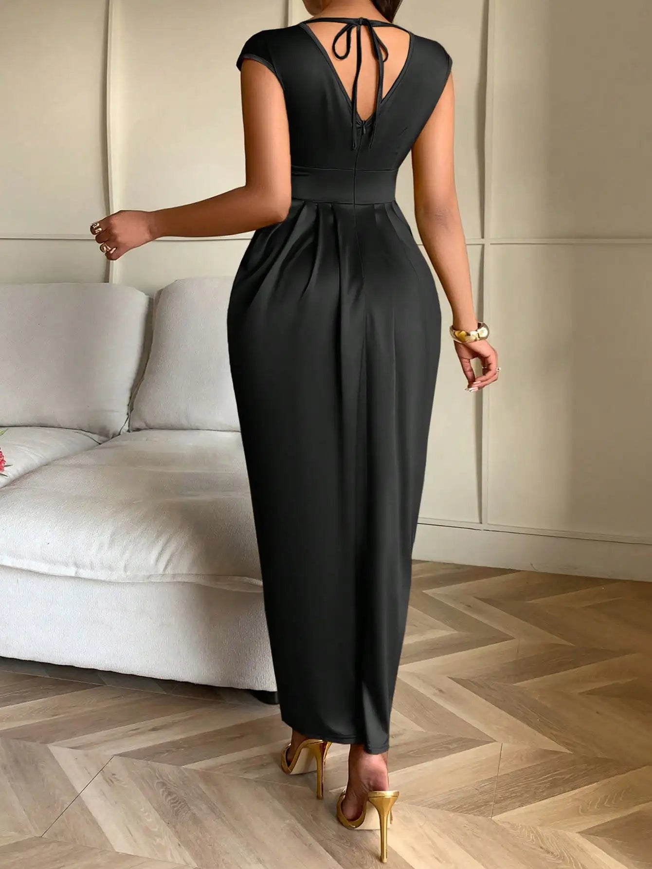 Elegant Black Satin V-Neck Wrap Dress