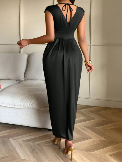 Elegant Black Satin V-Neck Wrap Dress