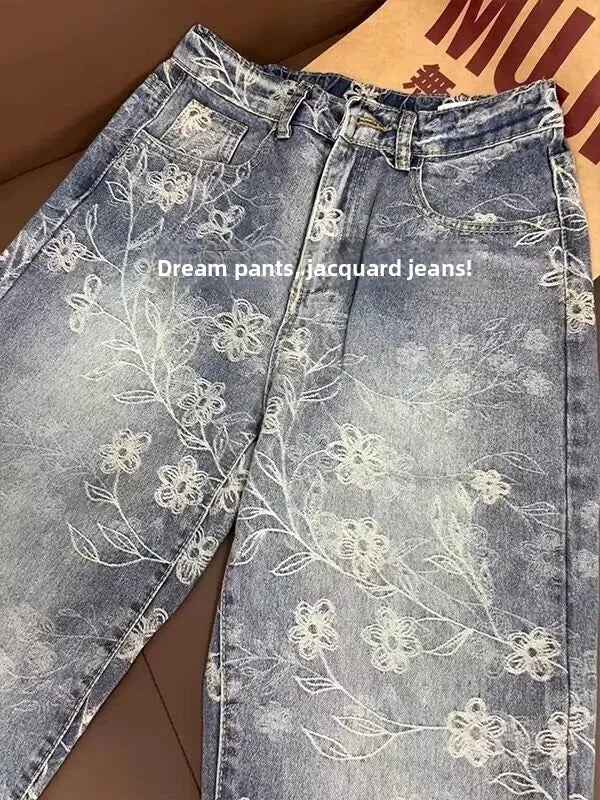 Retro Floral Washed Loose Jeans Casual