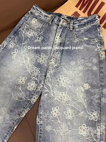 Retro Floral Washed Loose Jeans Casual