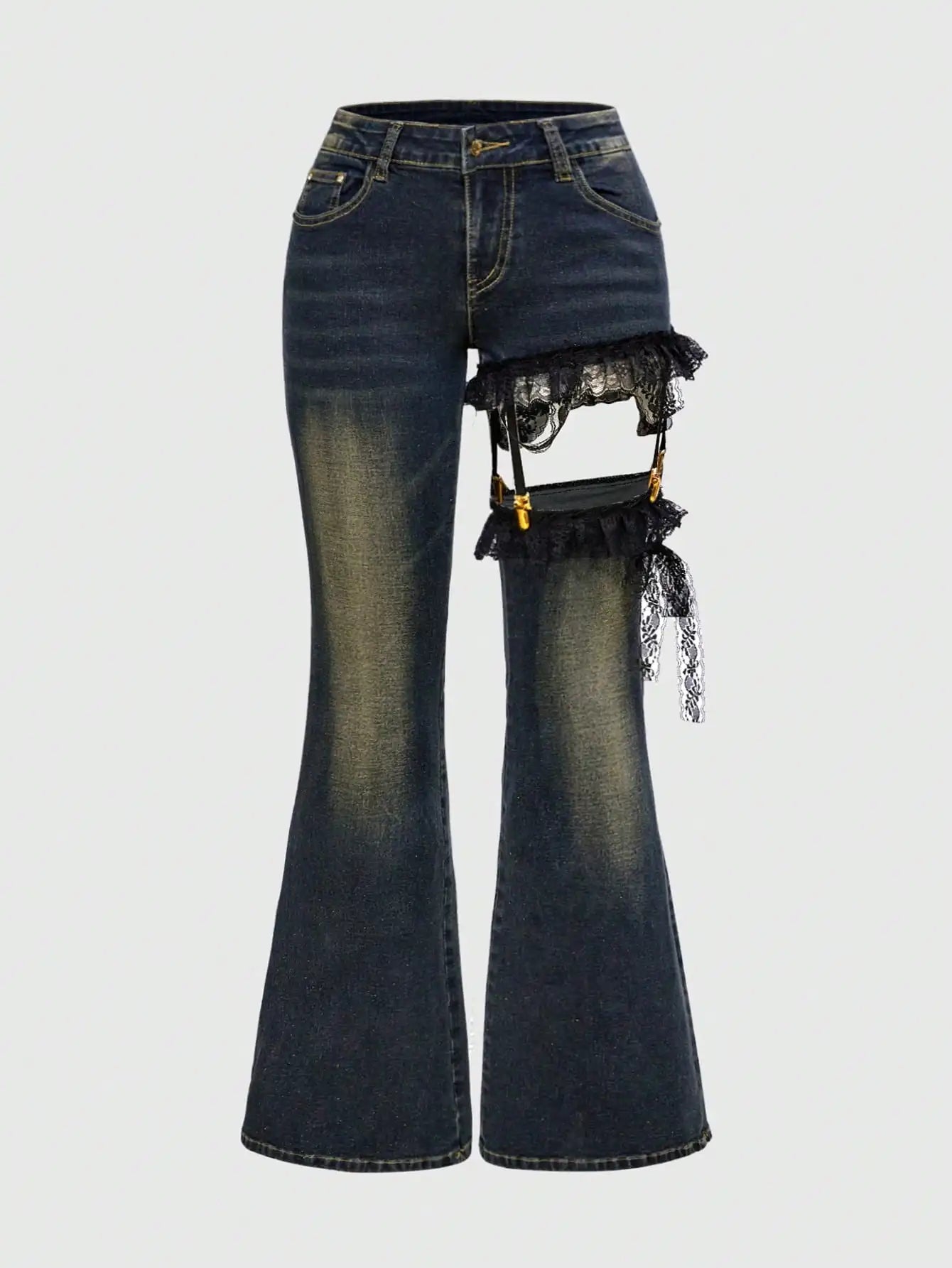Lace Patchwork Low Waist Flared Denim Jeans