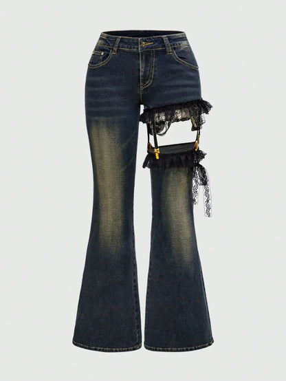 Lace Patchwork Low Waist Flared Denim Jeans