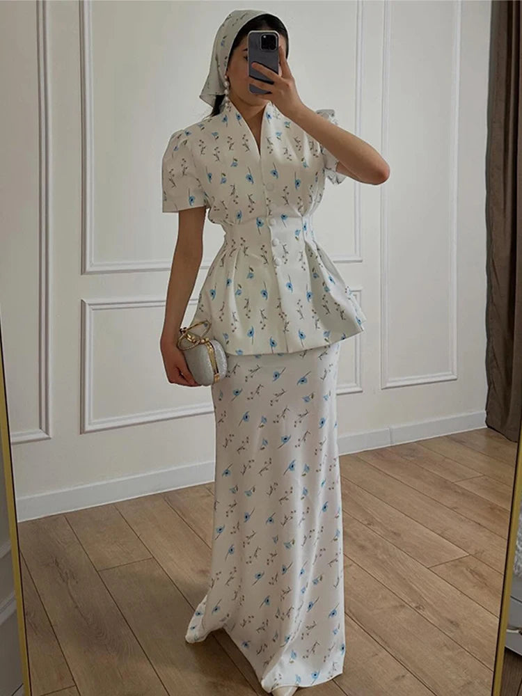 Floral Printed Blazer Shirt Maxi Skirt 2 Piece