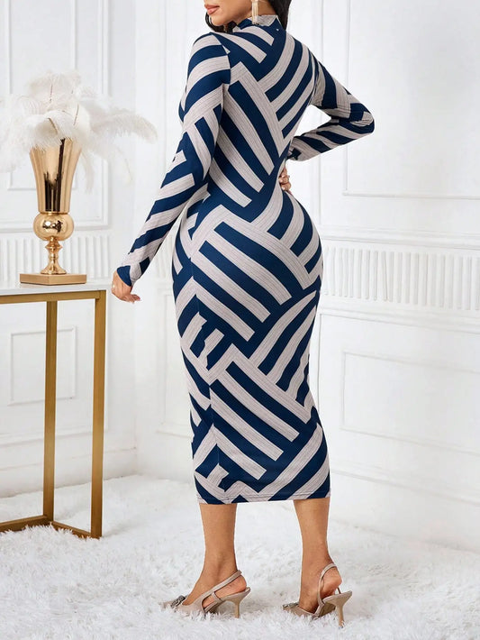 Geometric Print High-Neck Long Sleeve Dress