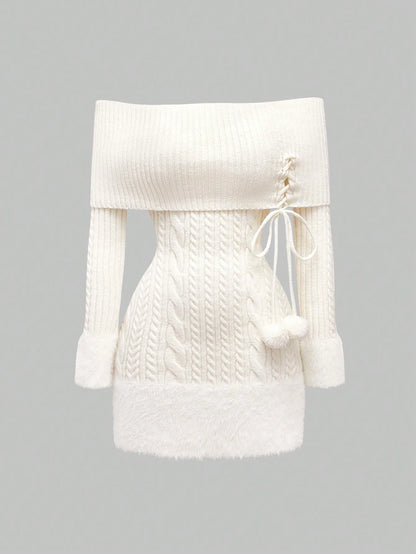 Kawaii Off Shoulder Fuzzy Sweater Dress