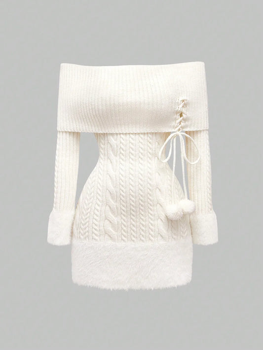 Kawaii Off Shoulder Fuzzy Sweater Dress