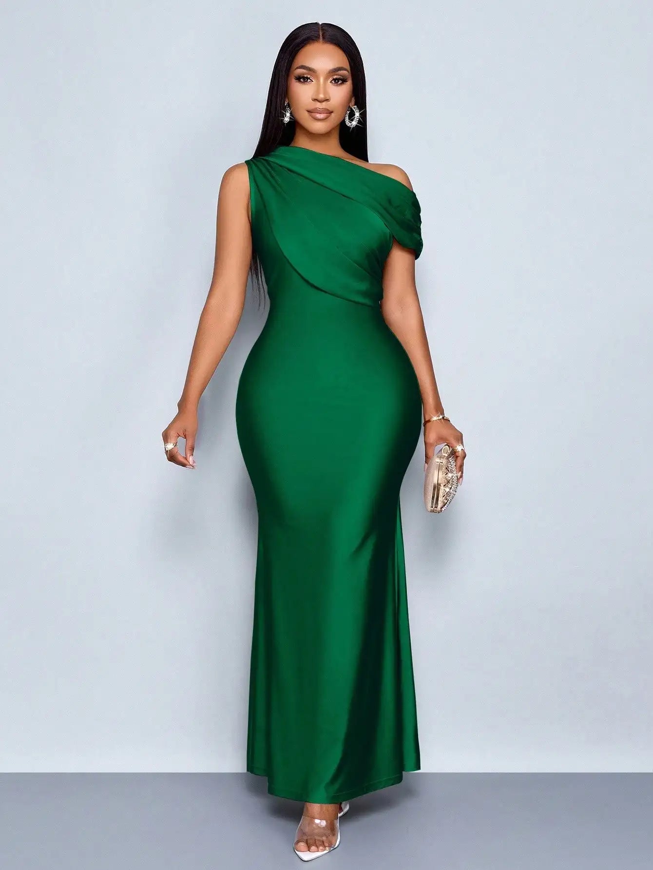 Elegant Satin One-Shoulder Fishtail Maxi Dress