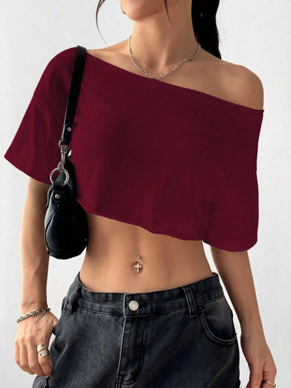 White Asymmetrical Off-Shoulder Crop Top,