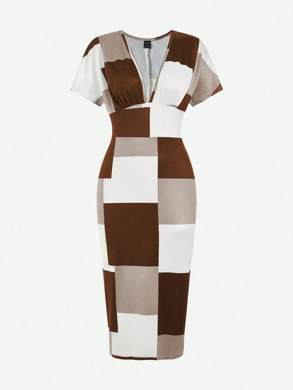 Deep V Neck Color block Midi Dress