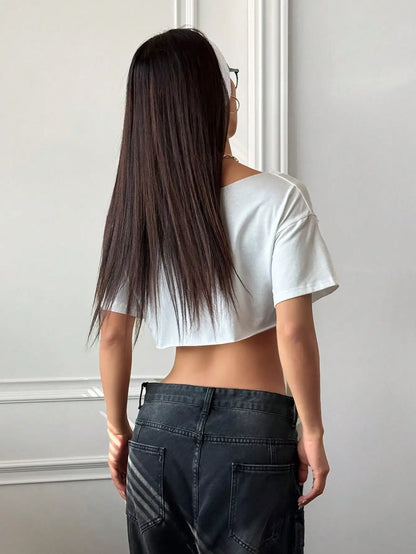 White Asymmetrical Off-Shoulder Crop Top,