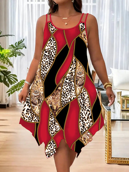 Asymmetrical geometric stripes printed double strap dress
