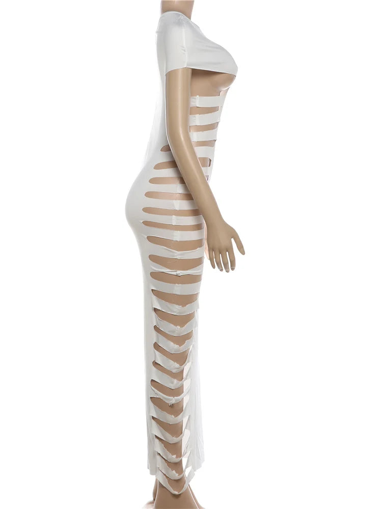 Sexy Hollow Design Skew Collar Maxi Dress