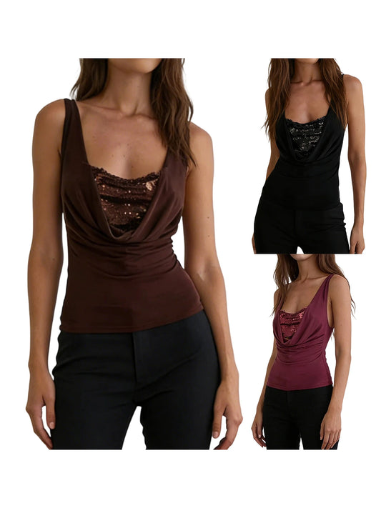 Women s Sleeveless Sequin Embellished Cowl Neck Tank