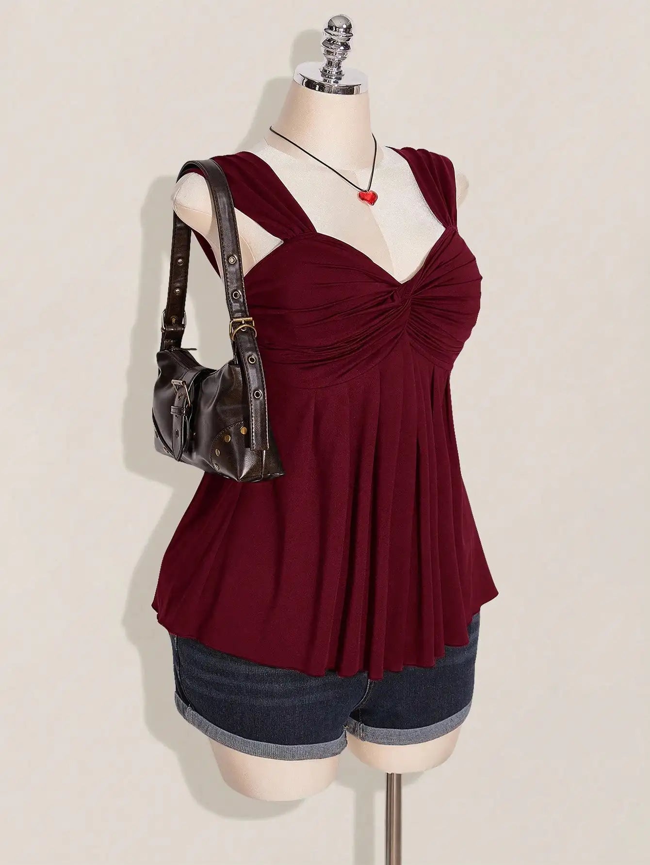 Wine Red Twist Front Sleeveless Babydoll Top,