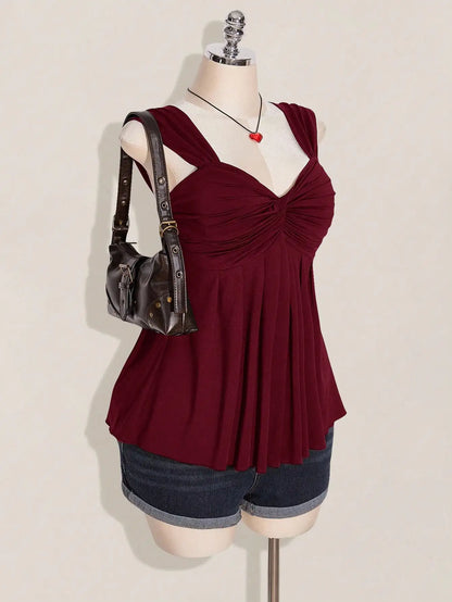 Wine Red Twist Front Sleeveless Babydoll Top,