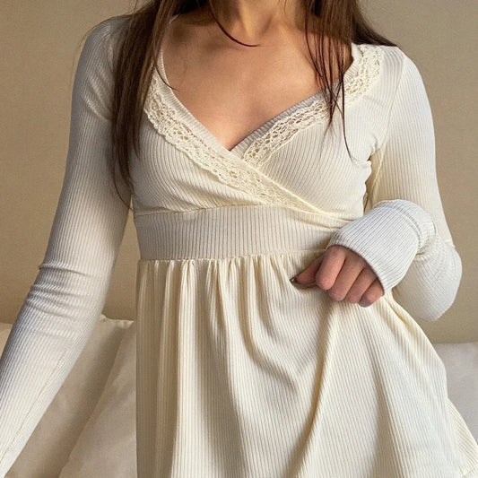 New Long Sleeve Lace Trimmed Wrap Blouse