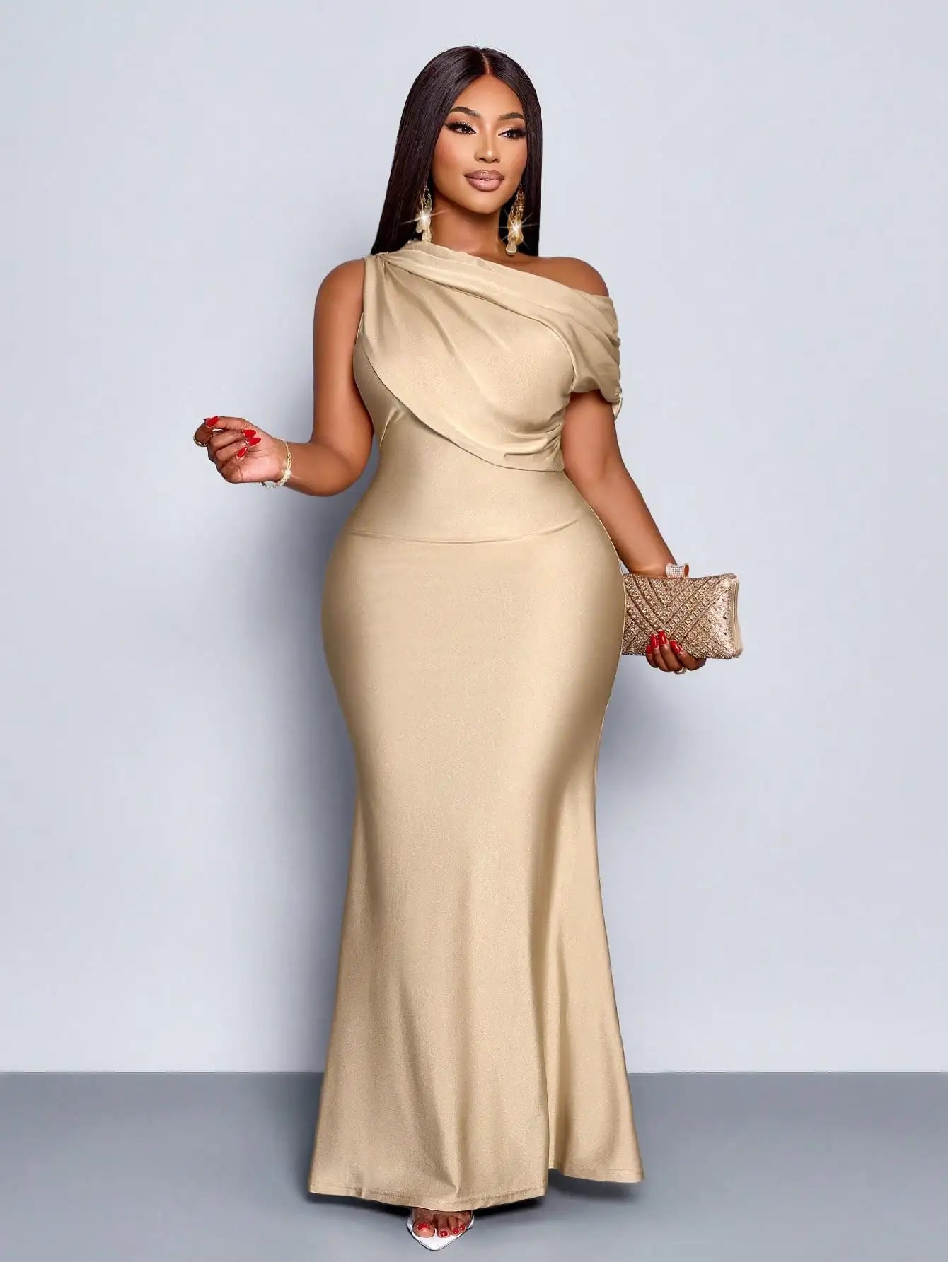Elegant Off-Shoulder Plus Size Fishtail Evening Dress in Shiny Apricot for Wedding Party