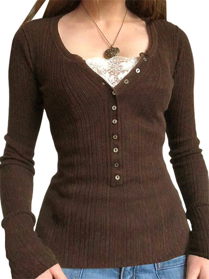 Button Front Knit Tops Long Sleeve