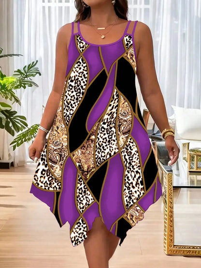 Asymmetrical geometric stripes printed double strap dress