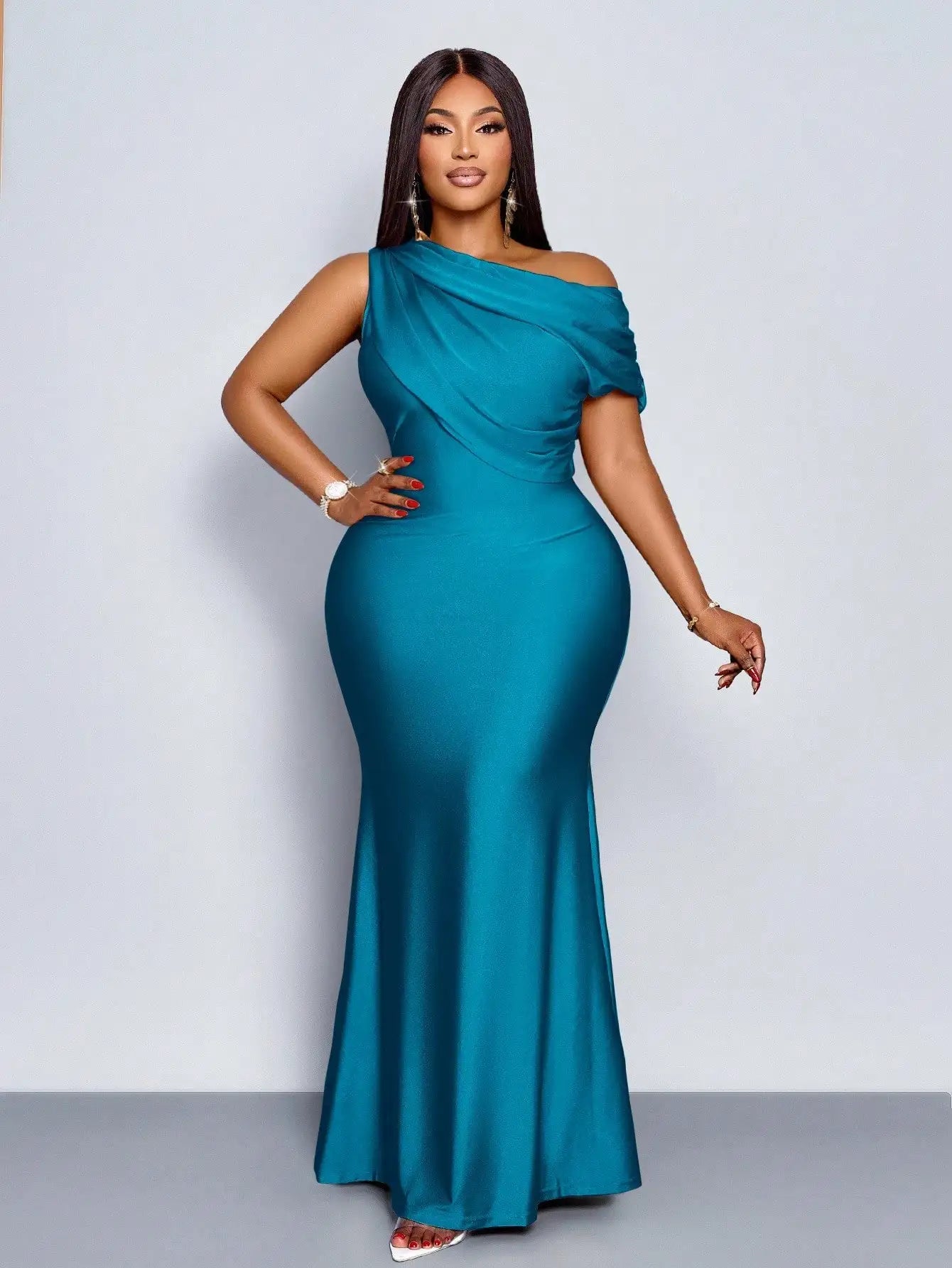 Elegant Off-Shoulder Plus Size Fishtail Evening Dress in Shiny Apricot for Wedding Party